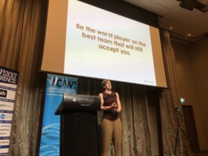 Great advice for sports, work, and everything else: aim to be the worst player on the best team. You'll learn a lot, and you'll normalise high performance. @smamol #yow17 https://t.co/zvrMHOaoCW