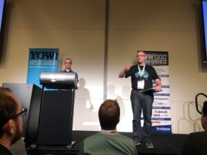 Nice high-energy intro for the post-lunch session from @David_Cook! (And a handy reminder to DEFRAG - move towards the centre of rows to make room for others!) #yow17 https://t.co/CKRoTA8qxs