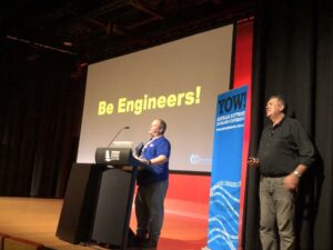 Great closing note from @davefarley77: Be engineers! (And dudes, don't assume a woman isn't one, even if she happens to be wearing a conference team shirt. 😉) #yow17 https://t.co/00fItyv957