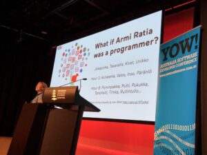 As if I couldn't love this more, @lindaliukas is now bringing in @Marimekkoglobal. What if Armi Ratia was a programmer? Using a neural network to help create new pattern names. #yow17 https://t.co/FBGDPIXiMY