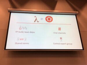 How @REA_Group does FP: weekly guild meetings; shared norms; chat channels; and a central experts group. Guild meetings are important for establishing norms and an esprit de corps! @KenScambler #yow17 https://t.co/iIY737iqYa