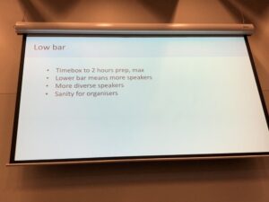 Advice for encouraging first time meetup speakers from @KenScambler. I love the idea of suggesting a timebox for prep to keep the bar low and fight imposter syndrome. #yow17 https://t.co/VRalb4h2EU