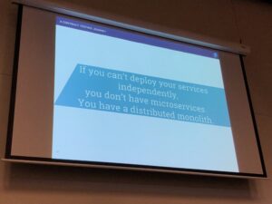 "If you can't deploy your services independently, you don't have microservices. You have a distributed monolith." Guy next to me started chuckling and poking his friend. I'm guessing there's a story there... 😂 #yow17 @bethesque https://t.co/vRLk1aQzGN