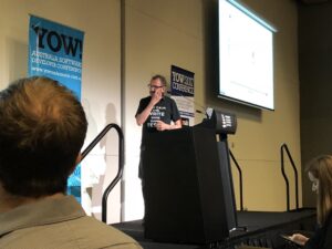 "Keep Calm and Write Some Damn Tests." Sage advice (and hilarious t-shirt) from @sf105, who places TDD just past the Trough of Disillusionment on the hype curve. #yow17 https://t.co/PGjd79r9b2