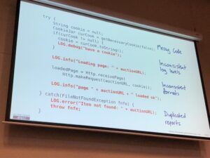 Testability is a design hint. If your code is hard to test, that's a sign you need to refactor. For logging, maybe introduce a monitor or a message bus. @sf105 #yow17 https://t.co/aGioTqSi1A