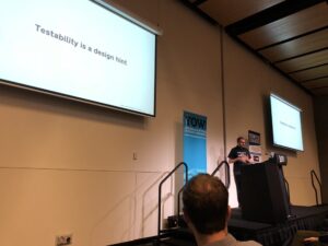 Testability is a design hint. If your code is hard to test, that's a sign you need to refactor. For logging, maybe introduce a monitor or a message bus. @sf105 #yow17 https://t.co/aGioTqSi1A