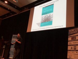 Nice. O'Reilly is putting out this chaos engineering book for FREE. As @davidhussman's shirt says: Keep Calm and Embrace Chaos (Engineering)! #yow17 https://t.co/btTpK43tBX