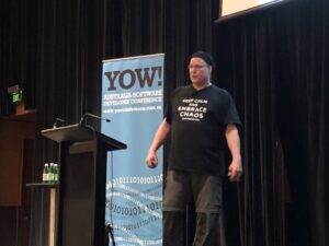 Nice. O'Reilly is putting out this chaos engineering book for FREE. As @davidhussman's shirt says: Keep Calm and Embrace Chaos (Engineering)! #yow17 https://t.co/btTpK43tBX