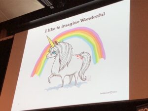 This talk by @WoodyZuill is great, but I'm also enraptured by @badbirdsart's illustrations. Charming, creepy, whimsical. ❤️ #yow17 https://t.co/HewHWtGpvB