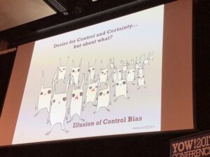 This talk by @WoodyZuill is great, but I'm also enraptured by @badbirdsart's illustrations. Charming, creepy, whimsical. ❤️ #yow17 https://t.co/HewHWtGpvB