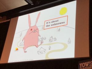 This talk by @WoodyZuill is great, but I'm also enraptured by @badbirdsart's illustrations. Charming, creepy, whimsical. ❤️ #yow17 https://t.co/HewHWtGpvB