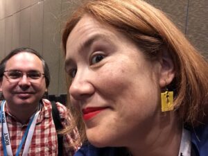 Thanks to Karynne Ledger and @JustinMclean for their lovely gift of 3-D printed @GGDSydney earrings!! #yow17 https://t.co/zSYaQyV23j