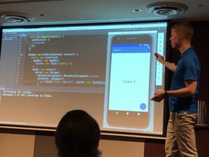 Nice demo of "hot reload" as Kasper changes parts of his demo app and updates on the fly. Just-in-time compilation of Dart code is very cool! #yow17 https://t.co/zUvwu7zBX4