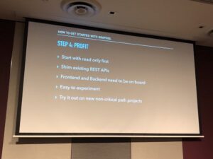 Next steps for getting started with GraohQL: start with read-only first; shim existing REST APIs; get frontend and backend on board; and try it out on new non-critical path projects. @joshprice #yow17 https://t.co/B3IstHxAu6