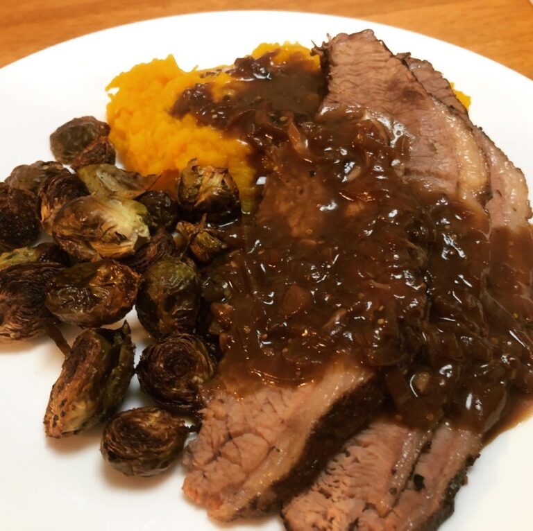 Mustard Braised Brisket, pumpkin mash, and roast Brussels sprouts. (This isolation has been good for my cooking skills!)