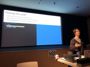 Now we're getting a bit more into some tech details and code with @metaeaux showing us how to think like a pixel. #artandtech #lca2018 🖼️❤️💻 https://t.co/szIP03s1QF