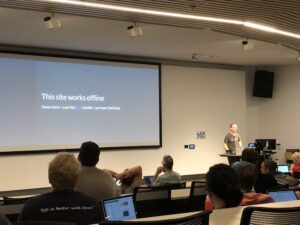 It's not often I see a tech demo start by turning OFF WiFi! Learning a lot about Service Workers and PWA from @samthor. #lca2018 https://t.co/p3IGz3P8or