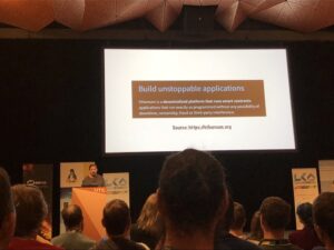 When @jeamland told me Tuesday he was going to do a blockchain lightning talk crossed with the Aristocrats, I didn't believe it could be done. 😂👏 #lca2018 https://t.co/fqW11415F6