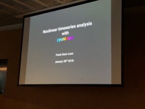 First talk is @pausanzleon talking about using #pyunicorn for non-linear time series analysis. #sypy https://t.co/xFhRP0I4FM