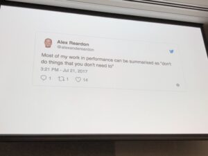 A warning from @alexandereardon that his performance optimisation tips are going to be expert-level. At its core though it's about not doing things you don't need to do. #reactsydney @reactsydney https://t.co/96Z0iEK5yg