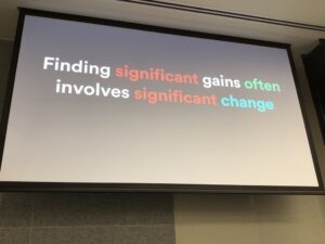 Some nice "performance musings" to end @alexandereardon's #reactsydney talk. This strikes me as relevant outside just technology: "Finding significant gains often involves significant change." @reactsydney https://t.co/ZCz3WwmGhJ