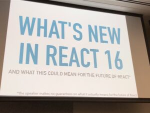 Learning what's new in React 16 from Lucas Chen, visiting from Brisbane. #reactsydney (💯 on that disclaimer...) https://t.co/YpS5bGag3U