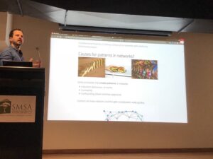 Researchers have shown that your social network has an effect on probability for obesity, some diseases. Causes for these patterns can be induction, homophily (ie self-deprecating), confounding (share an environment). Gets very complicated fast! @FPHeld #surf18 https://t.co/N9rtj9MBB6