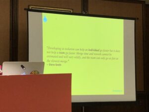 Teams use long running feature branches to allow them to work in isolation... but that’s optimising for the individual, not the team. Complexity of merging branches will affect your company’s lead time. #AgileIndia2018 @tdpauw https://t.co/mEe49U7vSB