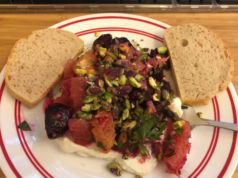 Roasted beets, citrus, pistachio, and ricotta salad with the Snook’s homemade bread...