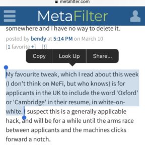 Handy CV hack for job seekers in the UK, from this MeFi discussion about the stupidity of Applicant Tracking Systems. I suppose in Oz you’d put Sydney Uni or UNSW? https://t.co/WZhZXJnKVv https://t.co/0iyhYqQWOr