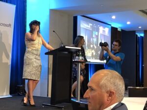 Fascinating stuff - @jade_mikaela demoing how her company #indigital uses AR and HoloLens to preserve stories and languages from indigenous people. #WomenThinkNext @MicrosoftAU @MicrosoftWomen https://t.co/PfLsKxARQc