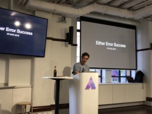 First talk is @lambda_foo talking about error handling and data types. I think from the chuckles there was a reference to @markhibberd. 😂 #fpsyd https://t.co/EAd6LNVFLt