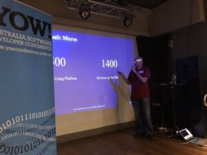 After some emergency AV work, out second speaker Roaan Vos from @Atlassian is now telling us about their journey to AWS. #yownight https://t.co/S63DBlvUaH