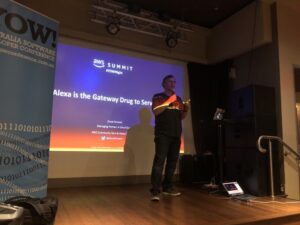 Final speaker of the night - @drewfirment from @acloudguru telling us why Alexa is the gateway to Serverless! #yownight https://t.co/DJKWWniduP