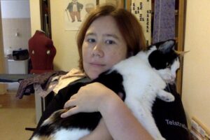 Was going to proudly show off the new @telstradev shirt I got from @DeveloperSteve, but somebody wanted a cuddle. Now it's covered in white fur. 😹 https://t.co/H2aN99GG03