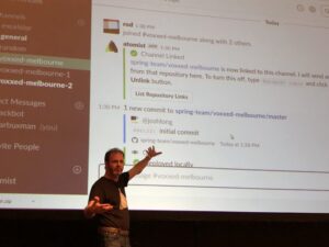 ChatOps is happening! @springrod is demoing how to use @atomist, @github, and @SlackHQ to make deploying to Cloud Foundry easy. @VoxxedMelbourne #VoxxedDaysMelbourne https://t.co/vuaTCG33jD https://t.co/7xhw8VQ9DQ
