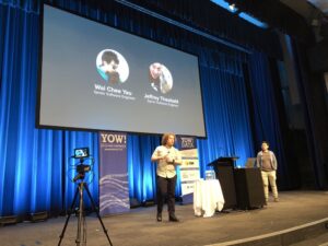 Quokka selfie and a cute doggo in the intro from @JeffreyTheobald and Wai Chee from @Zendesk! They’re telling us about putting ML systems into production. #YowData https://t.co/mStroMGt1u