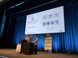 Grant and James from Integrity Systems (part of Meat & Livestock Australia) talking about how they use interactive data visualisation to protect the Aussie red meat industry. (Apologies to the vegos!) Disease outbreak could be very expensive! 😱 #YOWData https://t.co/6UVkG7jSZl