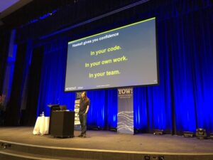 Haskell gives you confidence in your code, in your own work, and in your team. It makes refactoring painless… and even enjoyable! says Josh from @arbornetworks. #ylj18 https://t.co/dTS6v3xzWt