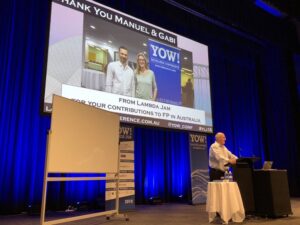 Big round of applause (and cheers!) for @TacticalGrace and Gabi as a thank you for all their work supporting functional programming in Australia. #ylj18 https://t.co/CIE8ZaH4f1