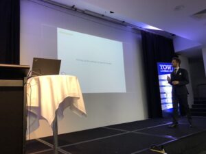 All the way from Europe is Tom Sydney Kerckhove! “I don’t have a lot of time, so let’s just take this as a given: Writing correct software is hard from humans.” #ylj18 https://t.co/v56LphNdT3