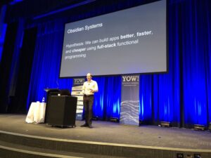 Ryan telling us the story of Obsidian Systems, which started 3yrs ago with a hypothesis: that they could build apps better, faster, and cheaper using full-stack FP. #ylj18 https://t.co/HRkjpFGbKs