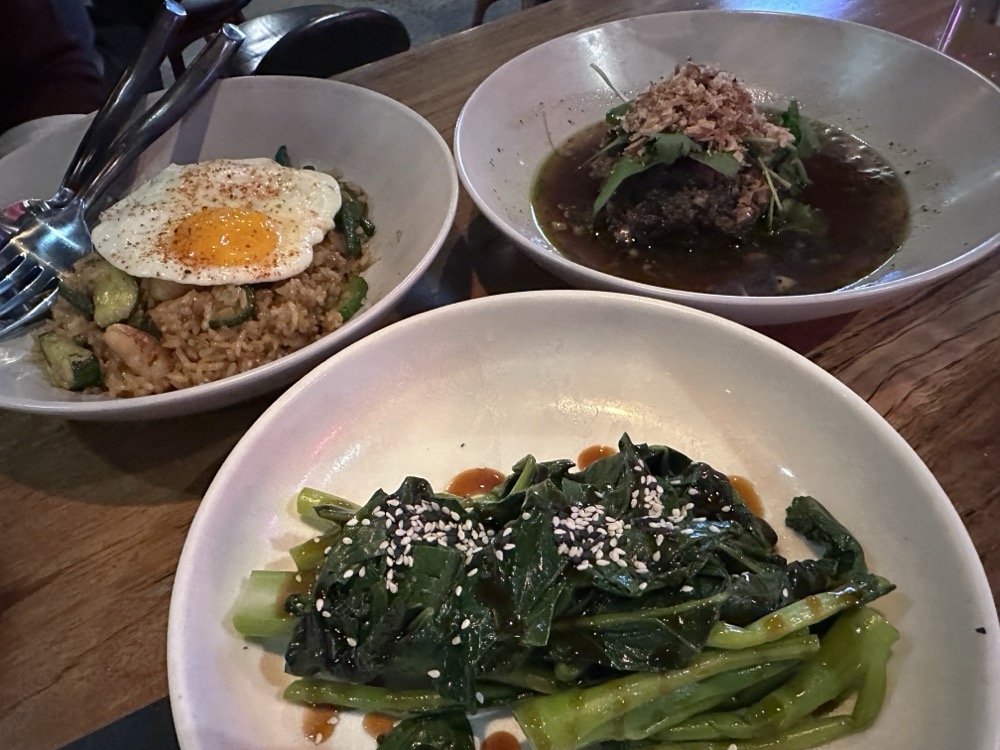 Prawn fried rice, beef short rib, Asian greens