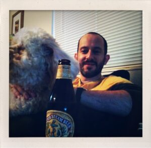 Back at the house. Anchor Steam Beer with Buster...