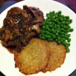 Homemade Jaeger Schnitzel with peas and (IKEA) rosti. Discovery: when I cook mushrooms, I actually like them!