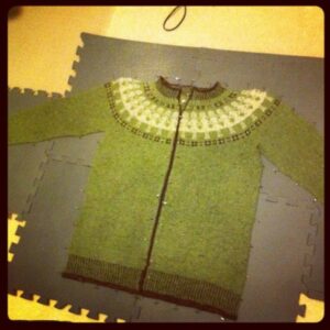 Paper Dolls (Jacket) blocking. Might need to stretch the yoke even more...