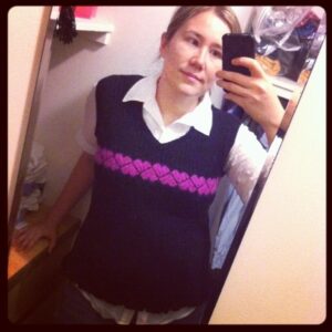 Broke out the Cheesylove vest today. One of first garments I knitted! http://instagr.am/p/M7yoKIRJC1/