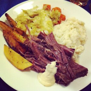 Dinner Tonight: IRISH! Homemade Corned Beef & Cabbage, Cauli Mash, Glazed Turnips, Horseradish Cream. http://instagr.am/p/IRG80iRJP5/