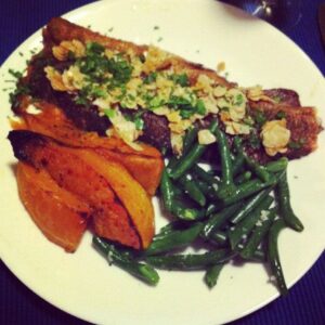 Dinner tonight: Rainbow Trout with Almonds, Pumpkin, and Beans. #paleo http://instagr.am/p/HtKvH9RJEE/