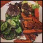 Dinner: Garlicky burgers with Harissa wedges and cucumber salad by @ottolenghi